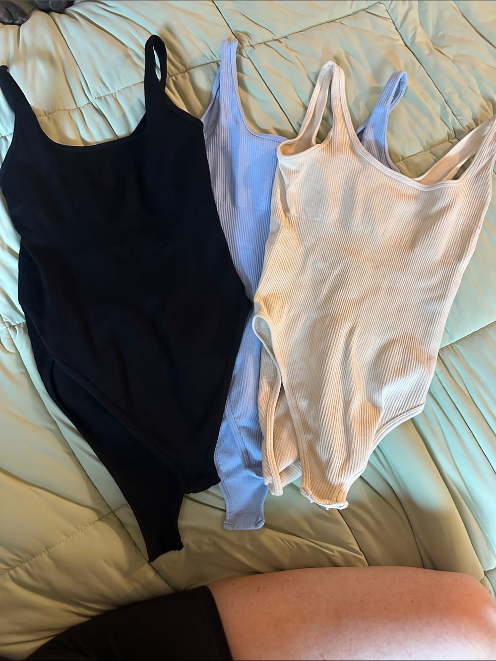 Ribbed Scoop Neck Bodysuit Trio - Black, Light Blue, Cream